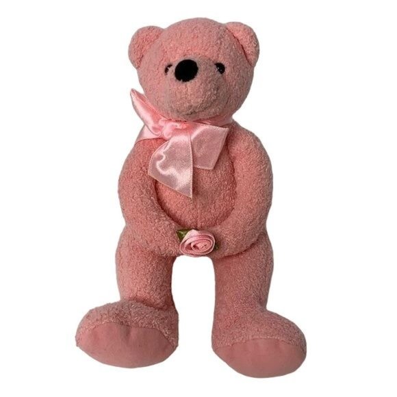 Pink Teddy Bear Neck Bow Holding Rose Jerry Elsner 8 in Stuffed Animal Toy Plush - Picture 1 of 5
